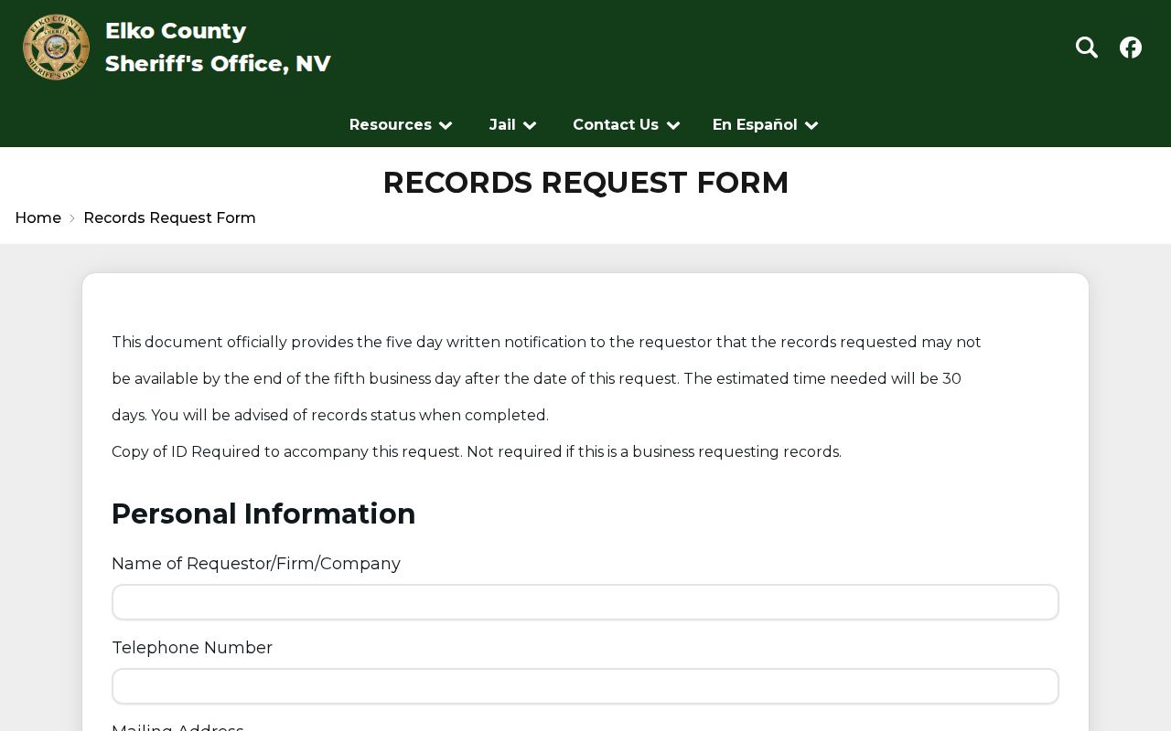 Elko County Sheriff records request page