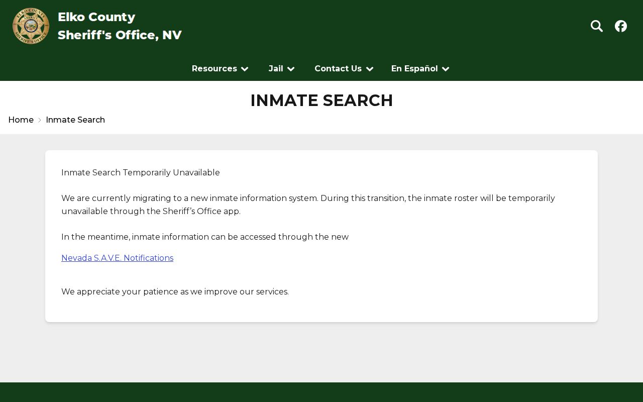 Elko County Sheriff inmate search migration notice