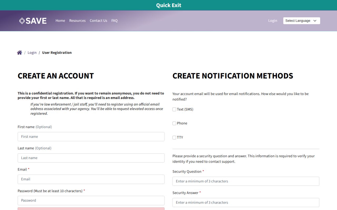 Nevada SAVE account registration screen for Elko County custody alerts