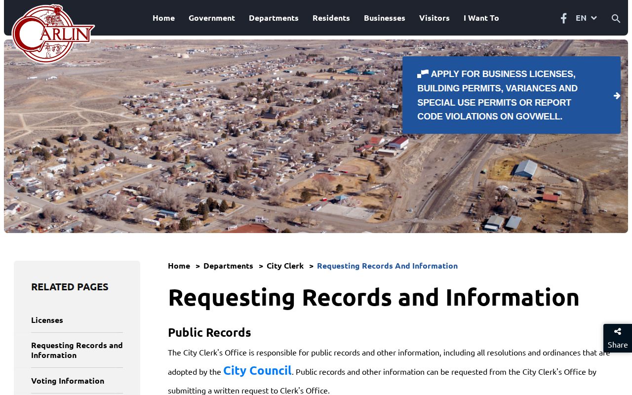 Carlin City Clerk public records request page for city and police records