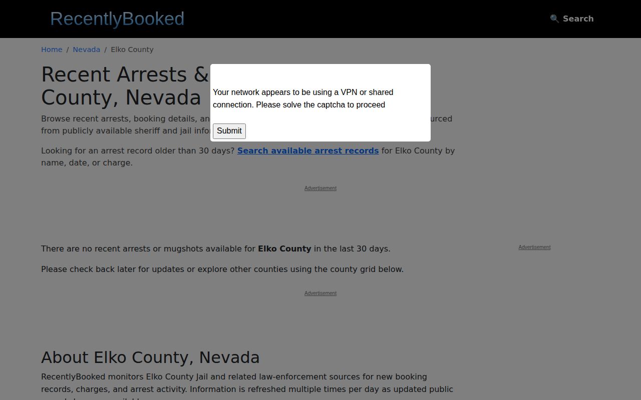 Unofficial RecentlyBooked Elko County page with no recent entries observed