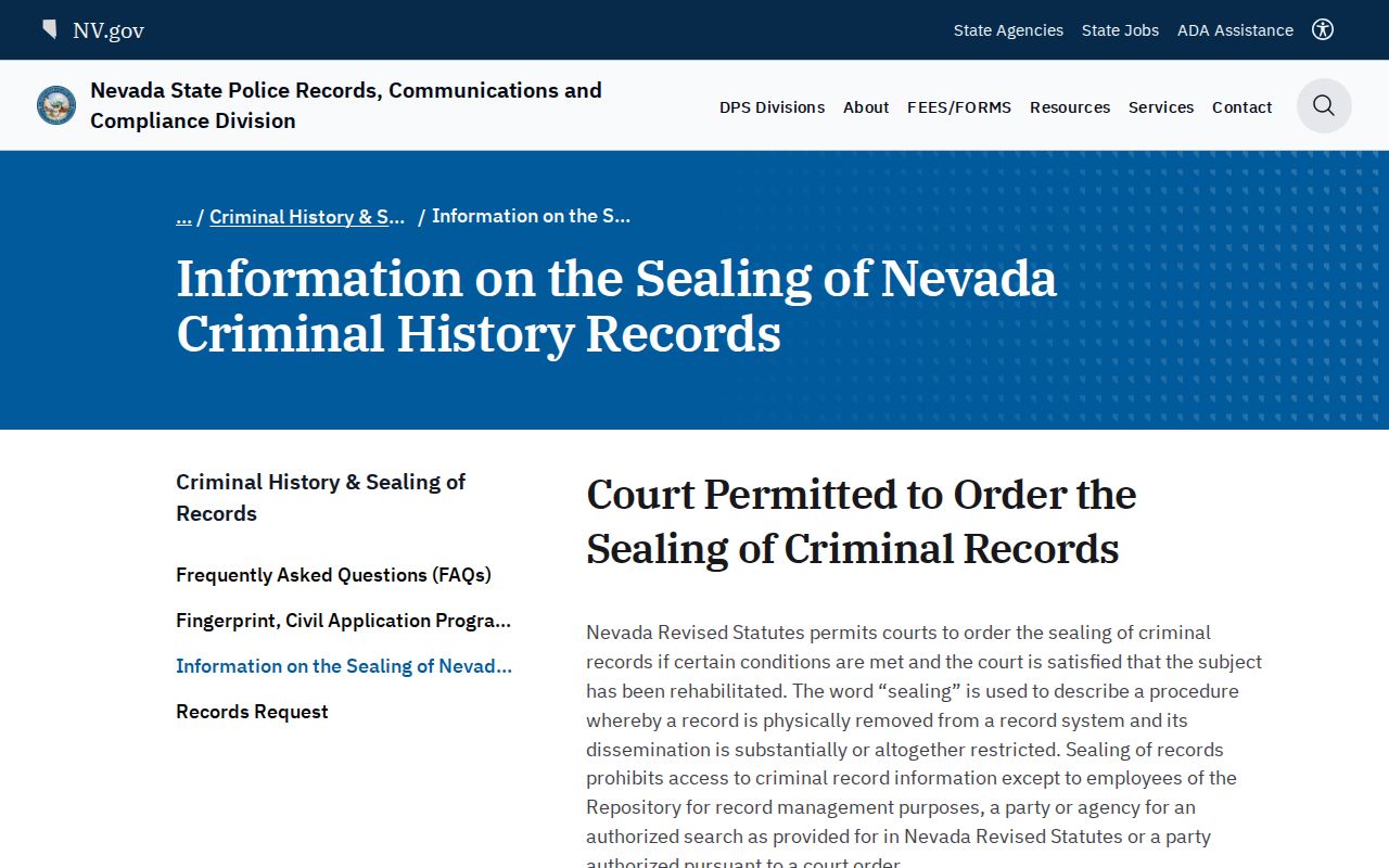 Nevada criminal history sealing information